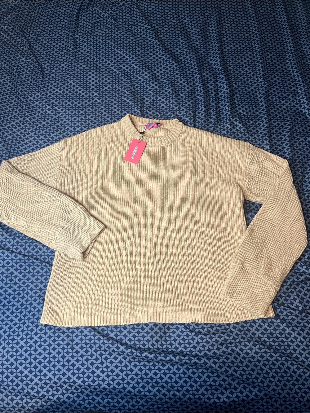 Edikted Cream Ribbed Knit Crewneck Sweater
